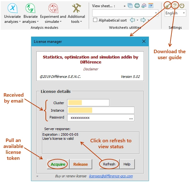 How to activate the license of Difference Excel add-in statistical analysis monte-carlo simulation