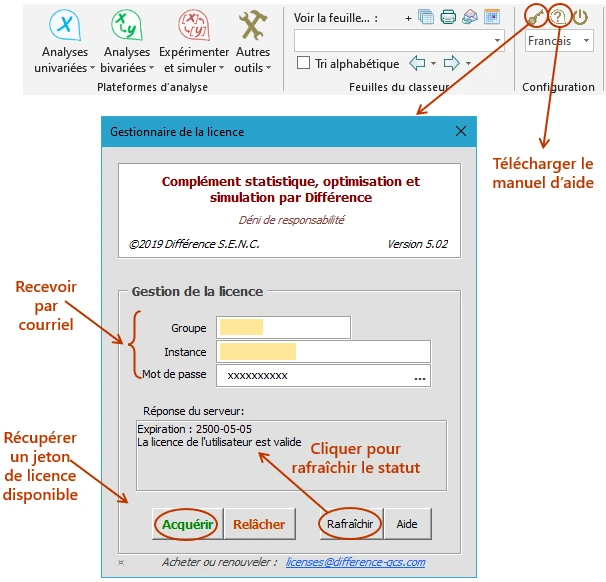 How to activate the license of Difference Excel add-in statistical analysis monte-carlo simulation